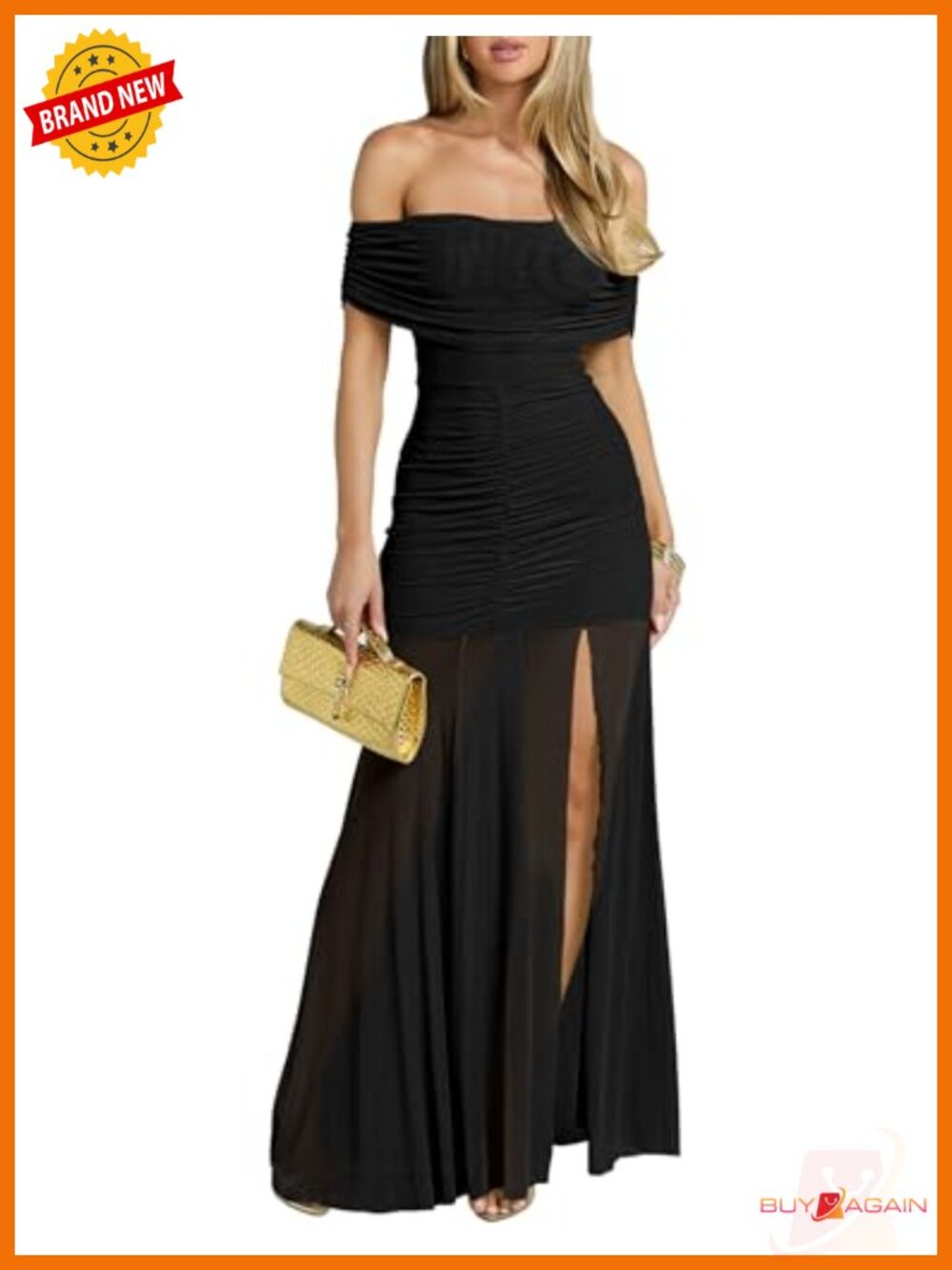 Women's Off Shoulder Sleeveless Ruched High Slit Maxi Formal Dress